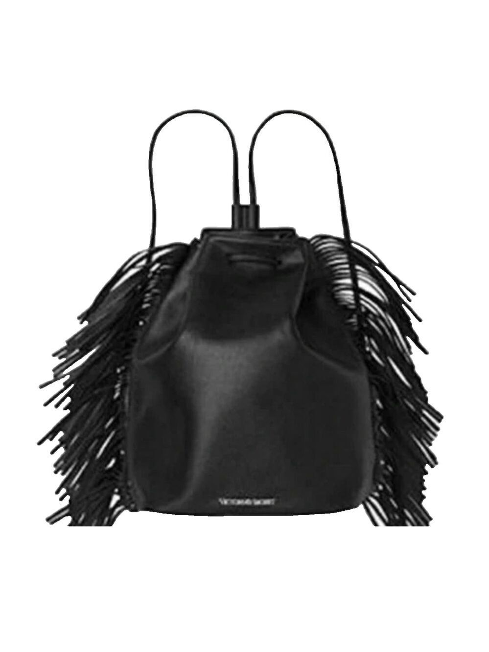 Victoria’s Secret Fringe Backpack Drawstring Closing Straps Black Faux Leather